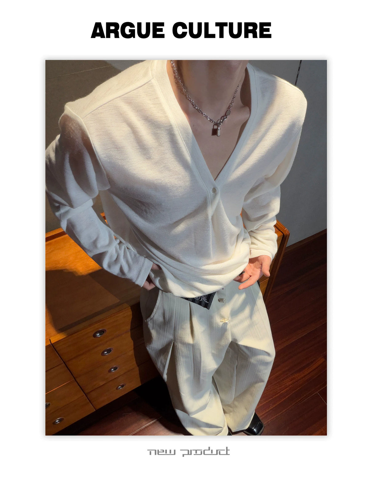 Deep V-Neck Linen-Blend Long-Sleeve T-Shirt - description image 16
