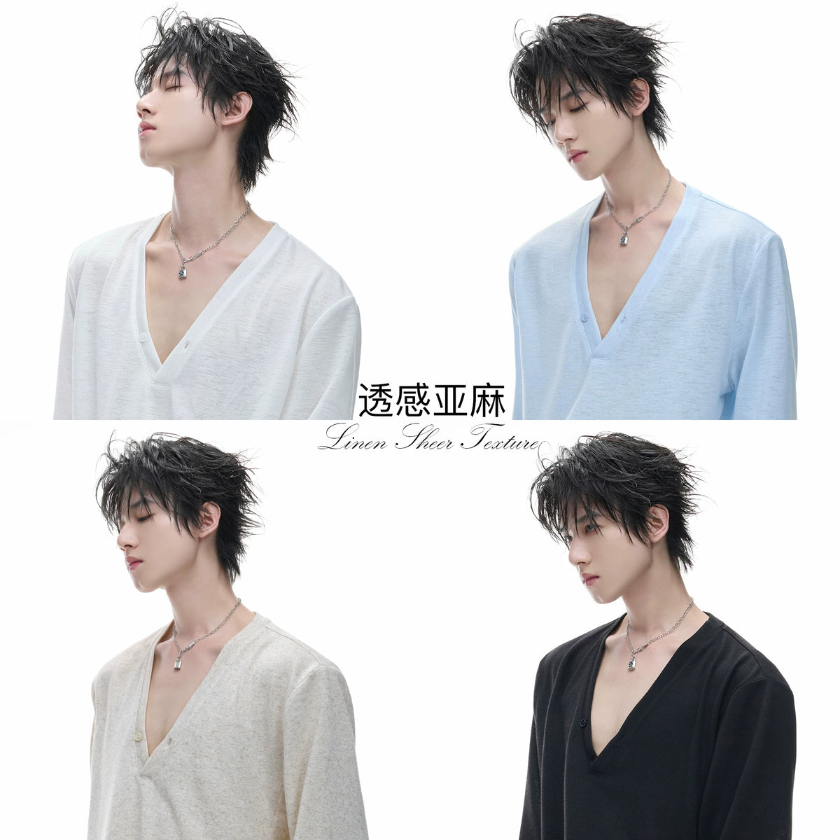 Deep V-Neck Linen-Blend Long-Sleeve T-Shirt - main image 1