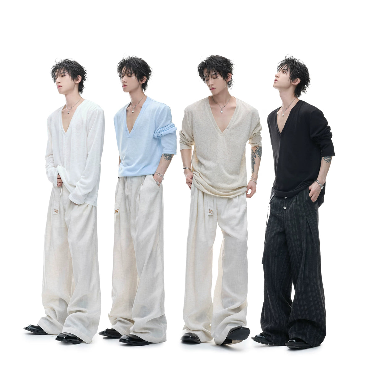 Deep V-Neck Linen-Blend Long-Sleeve T-Shirt - main image 3