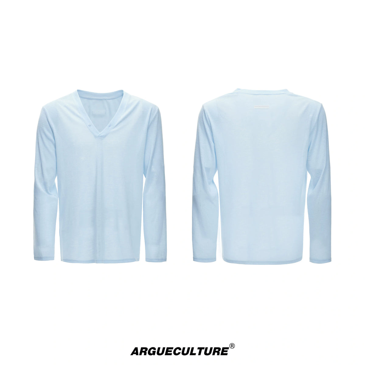 Deep V-Neck Linen-Blend Long-Sleeve T-Shirt - Blue