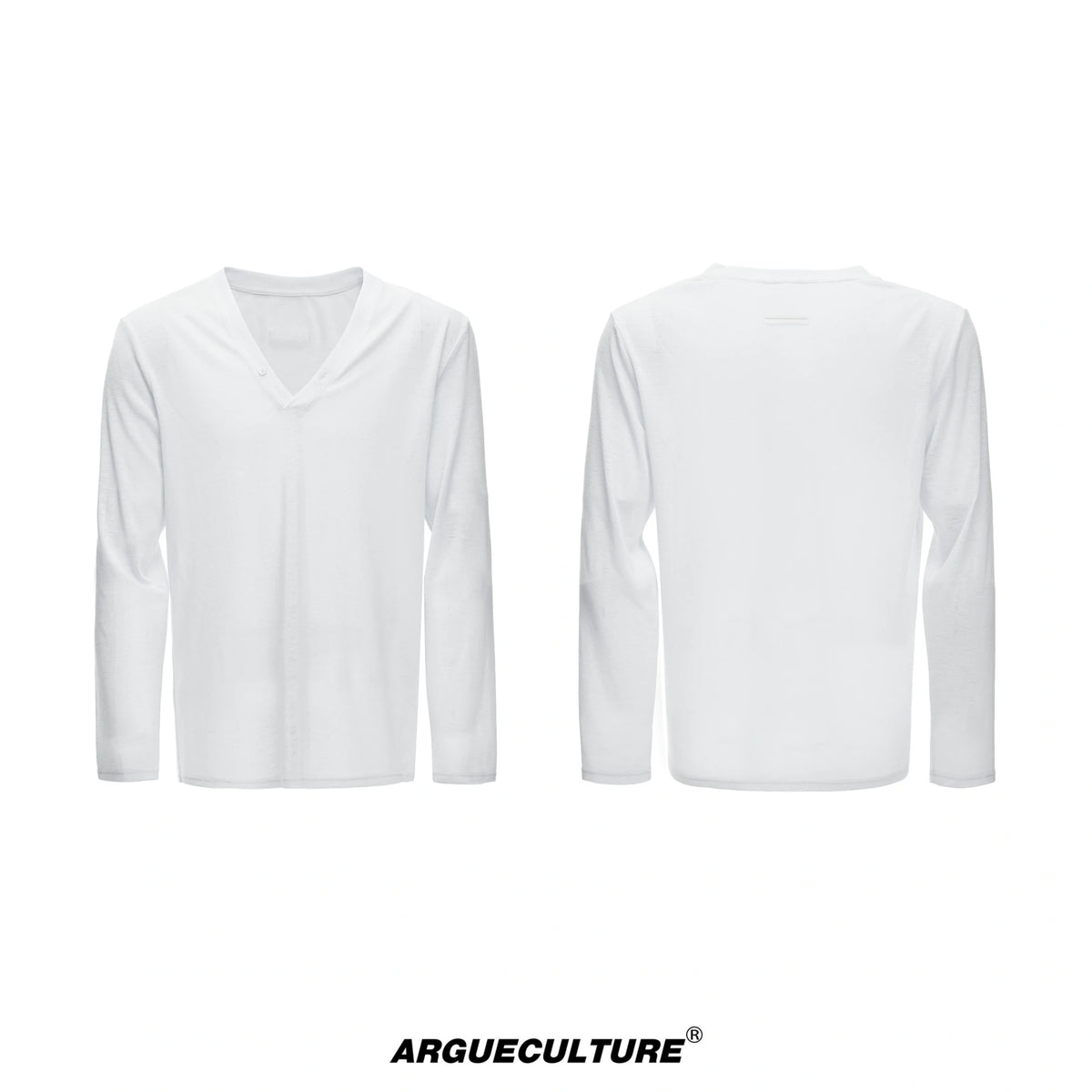 Deep V-Neck Linen-Blend Long-Sleeve T-Shirt - White