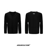 Deep V-Neck Linen-Blend Long-Sleeve T-Shirt - Black