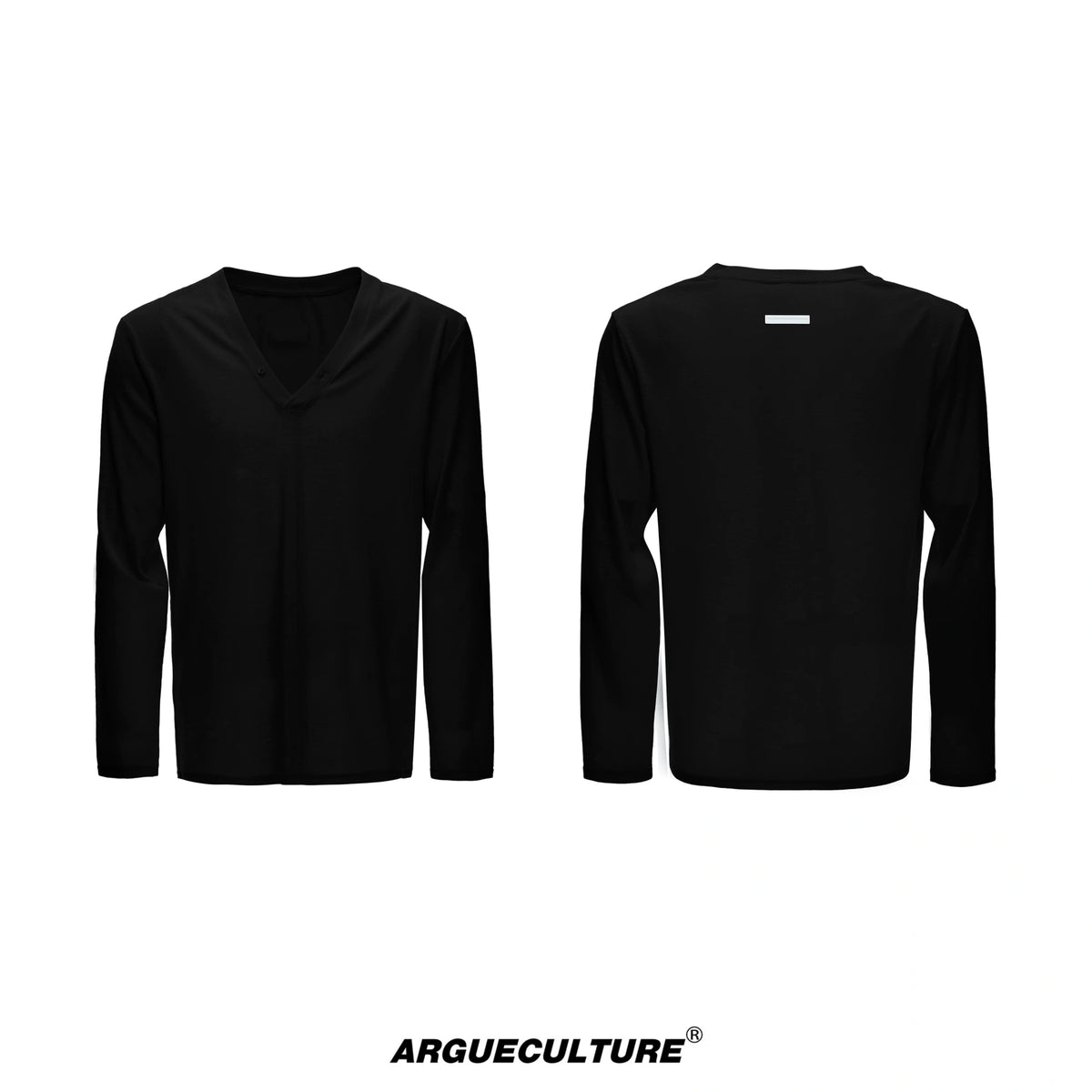 Deep V-Neck Linen-Blend Long-Sleeve T-Shirt - Black