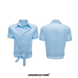 Relaxed Linen-Blend Embroidered Shirt with Spread Collar - Blue