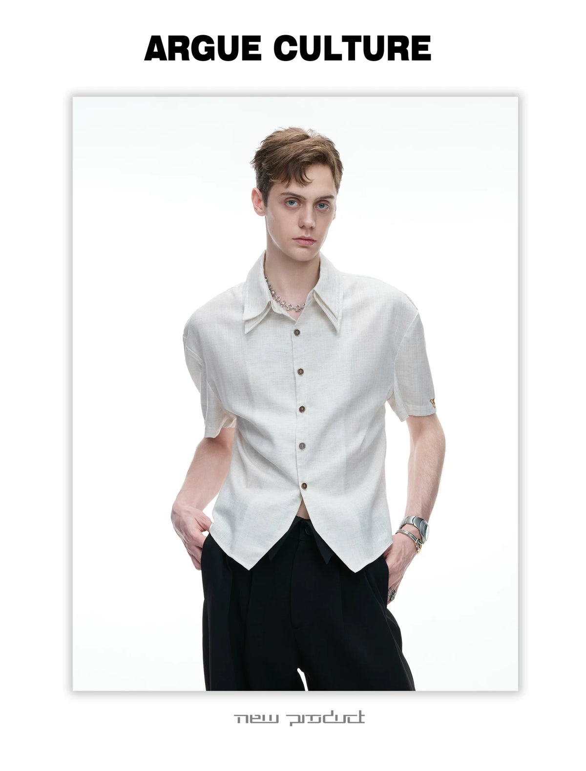 Detachable Double-Collar Linen Blend Shirt | Short Sleeve - description image 2