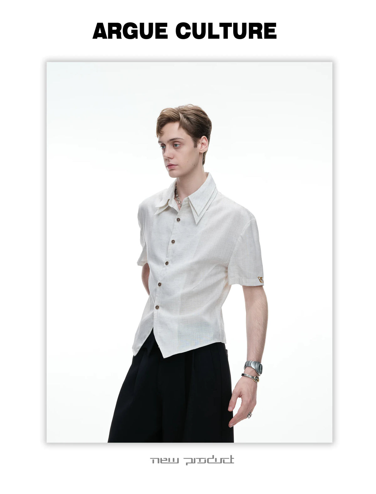 Detachable Double-Collar Linen Blend Shirt | Short Sleeve - description image 3