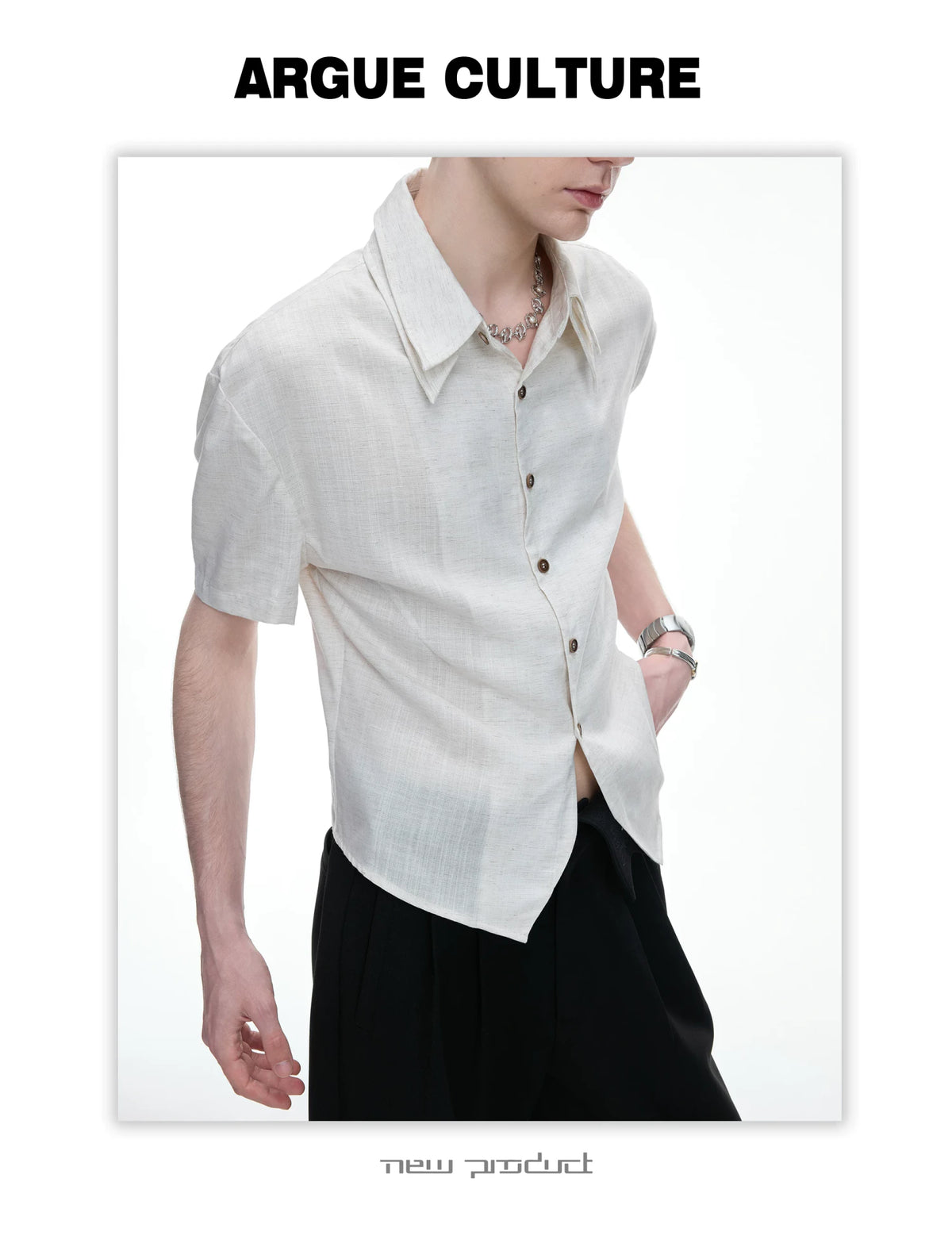 Detachable Double-Collar Linen Blend Shirt | Short Sleeve - description image 4