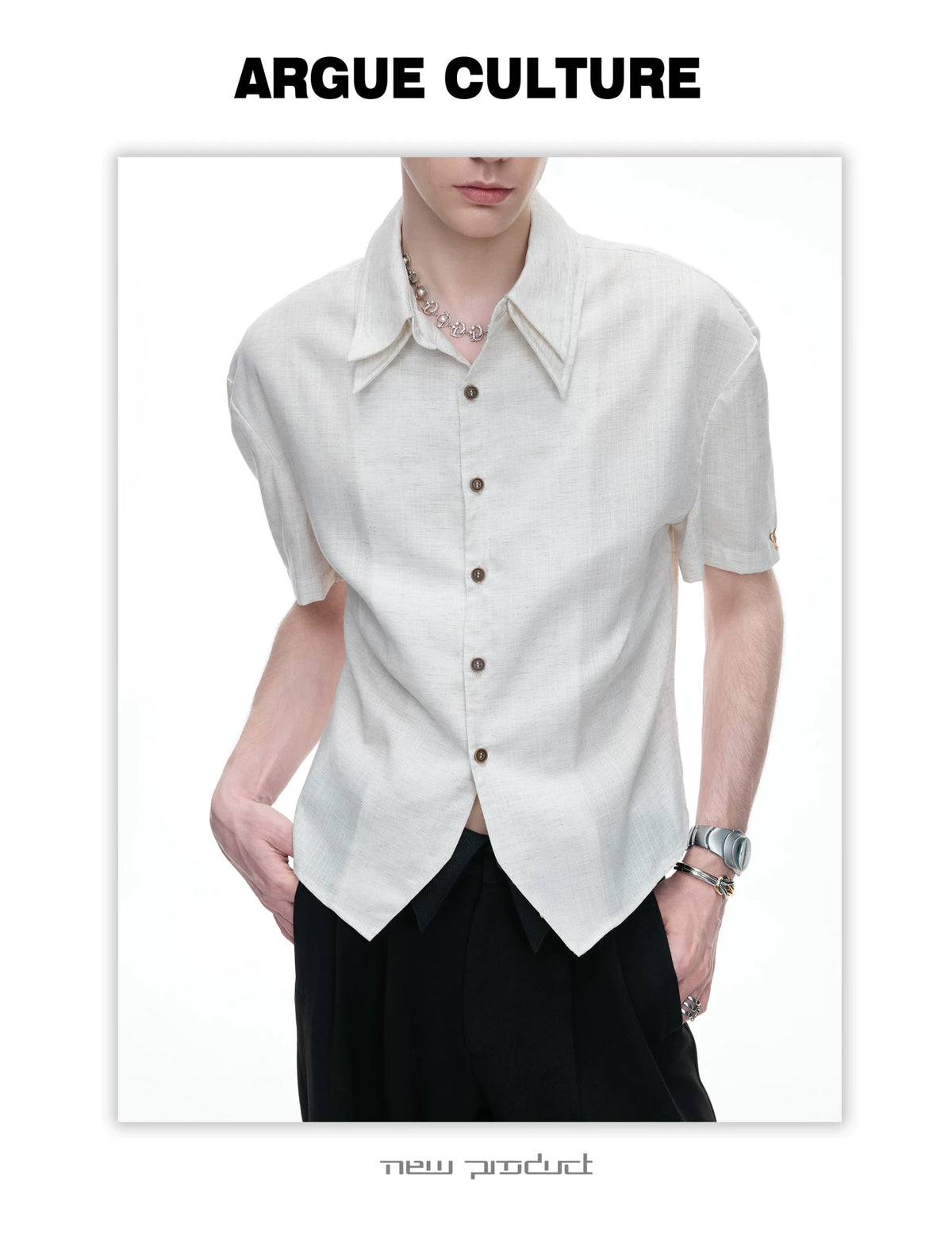 Detachable Double-Collar Linen Blend Shirt | Short Sleeve - description image 5