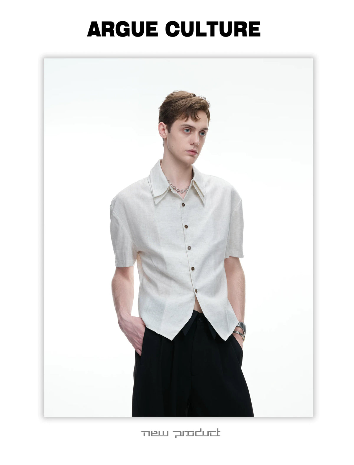Detachable Double-Collar Linen Blend Shirt | Short Sleeve - description image 7