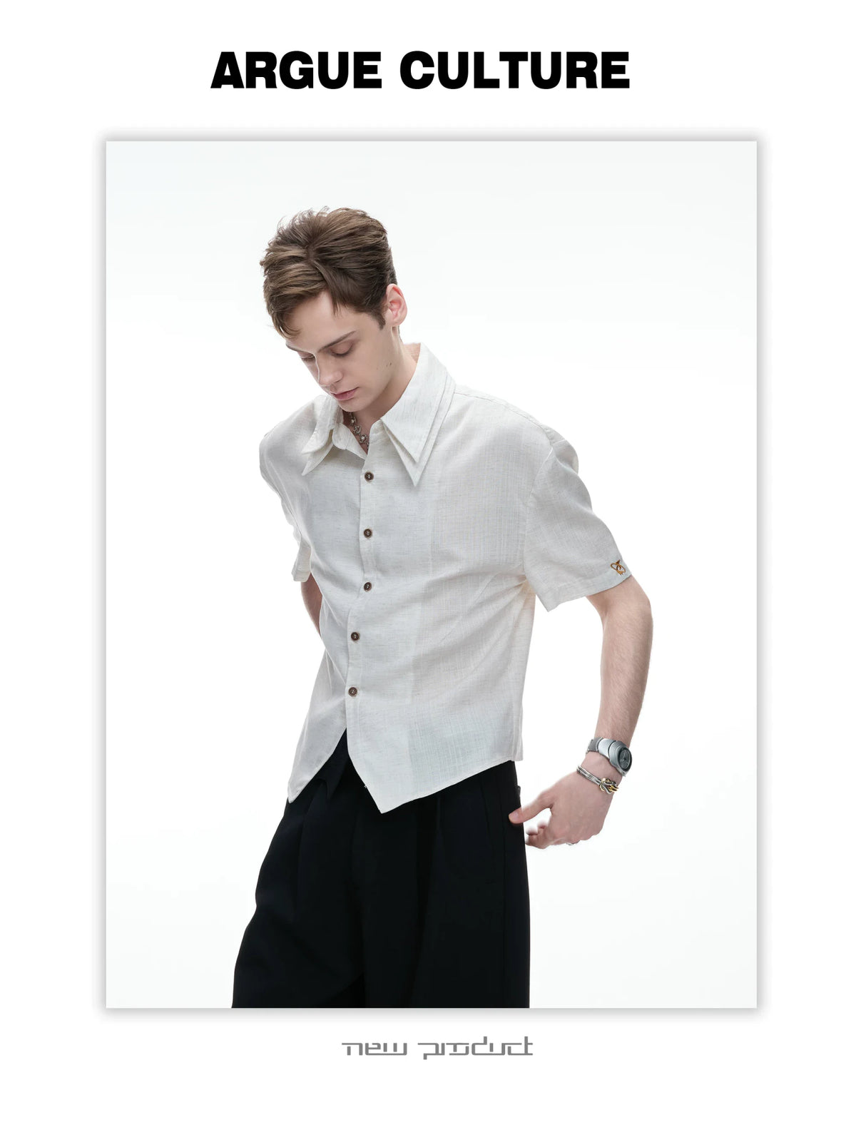 Detachable Double-Collar Linen Blend Shirt | Short Sleeve - description image 8