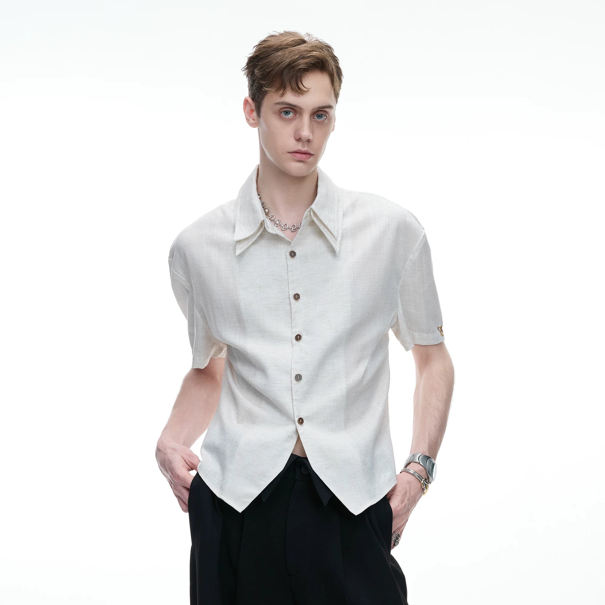 Detachable Double-Collar Linen Blend Shirt | Short Sleeve - main image 1