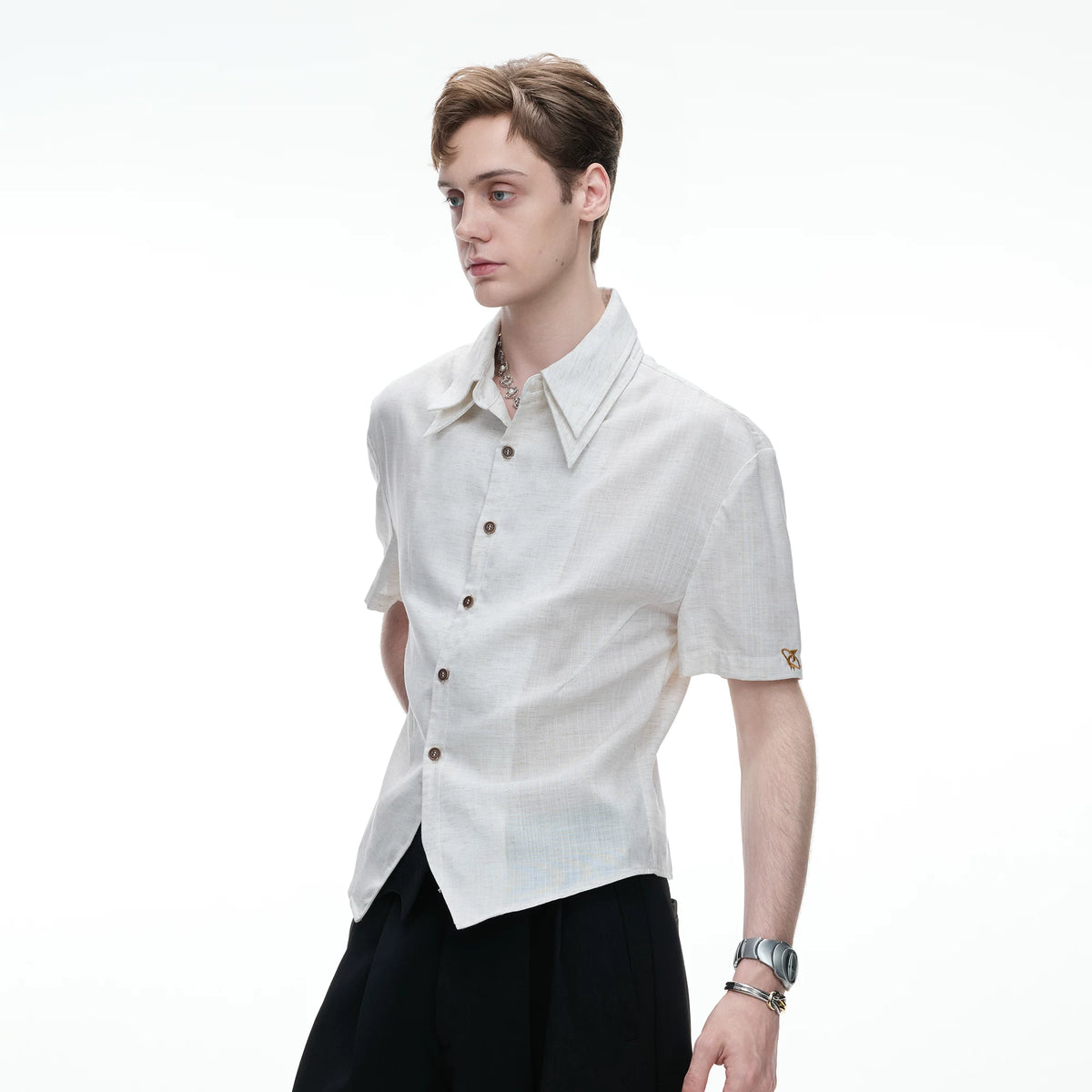 Detachable Double-Collar Linen Blend Shirt | Short Sleeve - main image 2