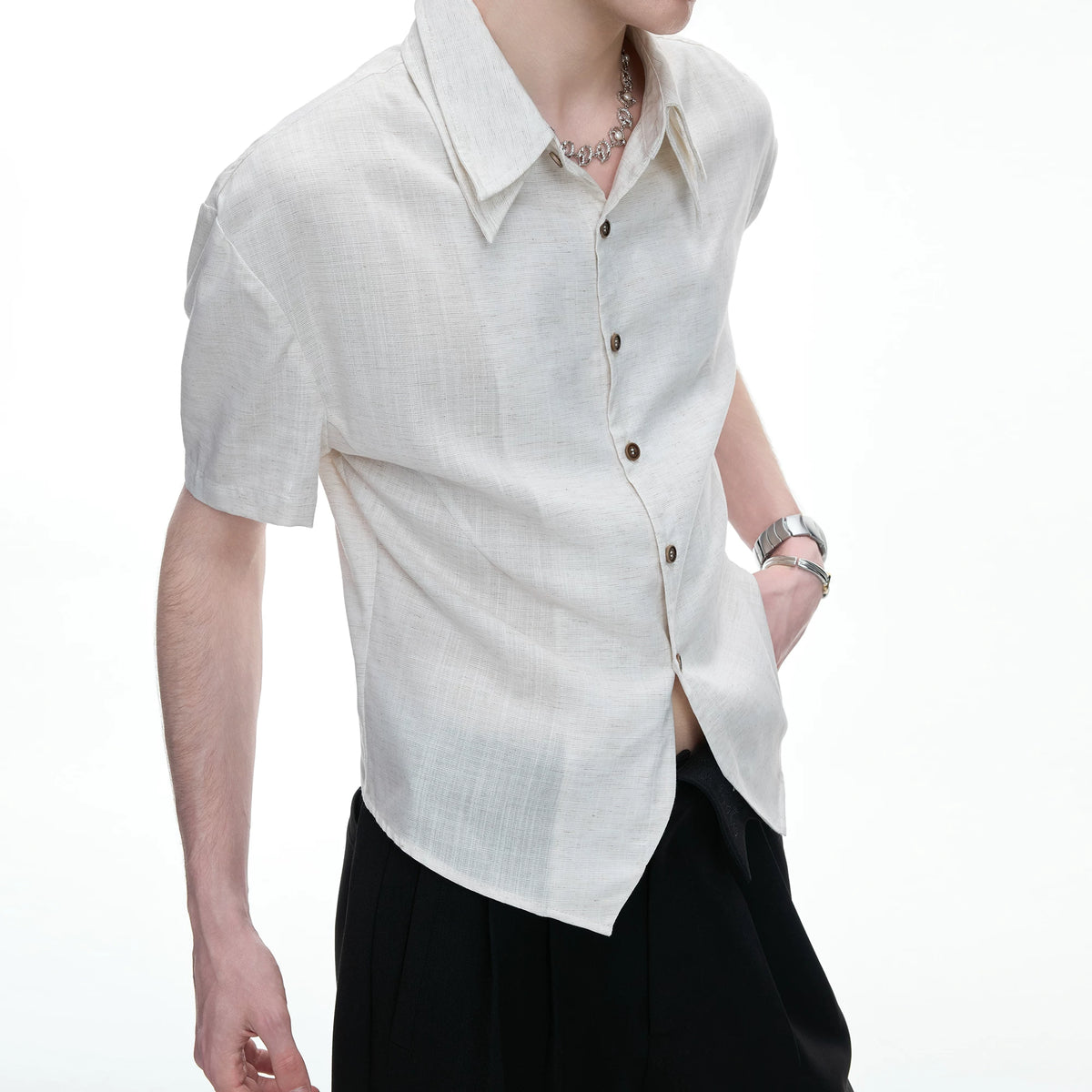 Detachable Double-Collar Linen Blend Shirt | Short Sleeve - main image 3