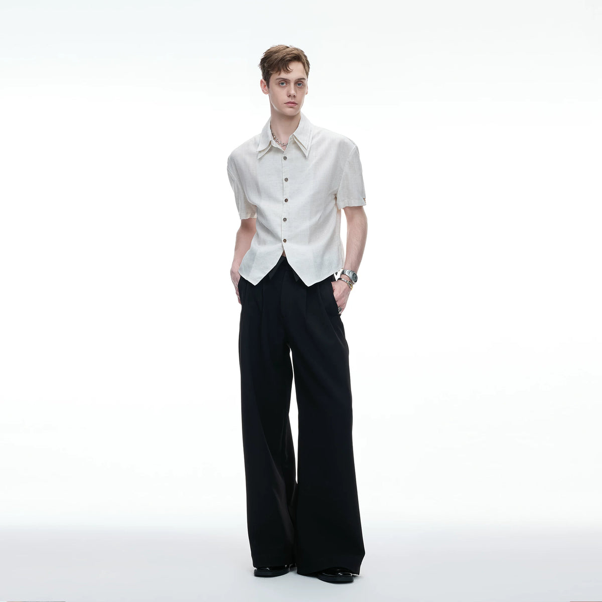 Detachable Double-Collar Linen Blend Shirt | Short Sleeve - main image 4
