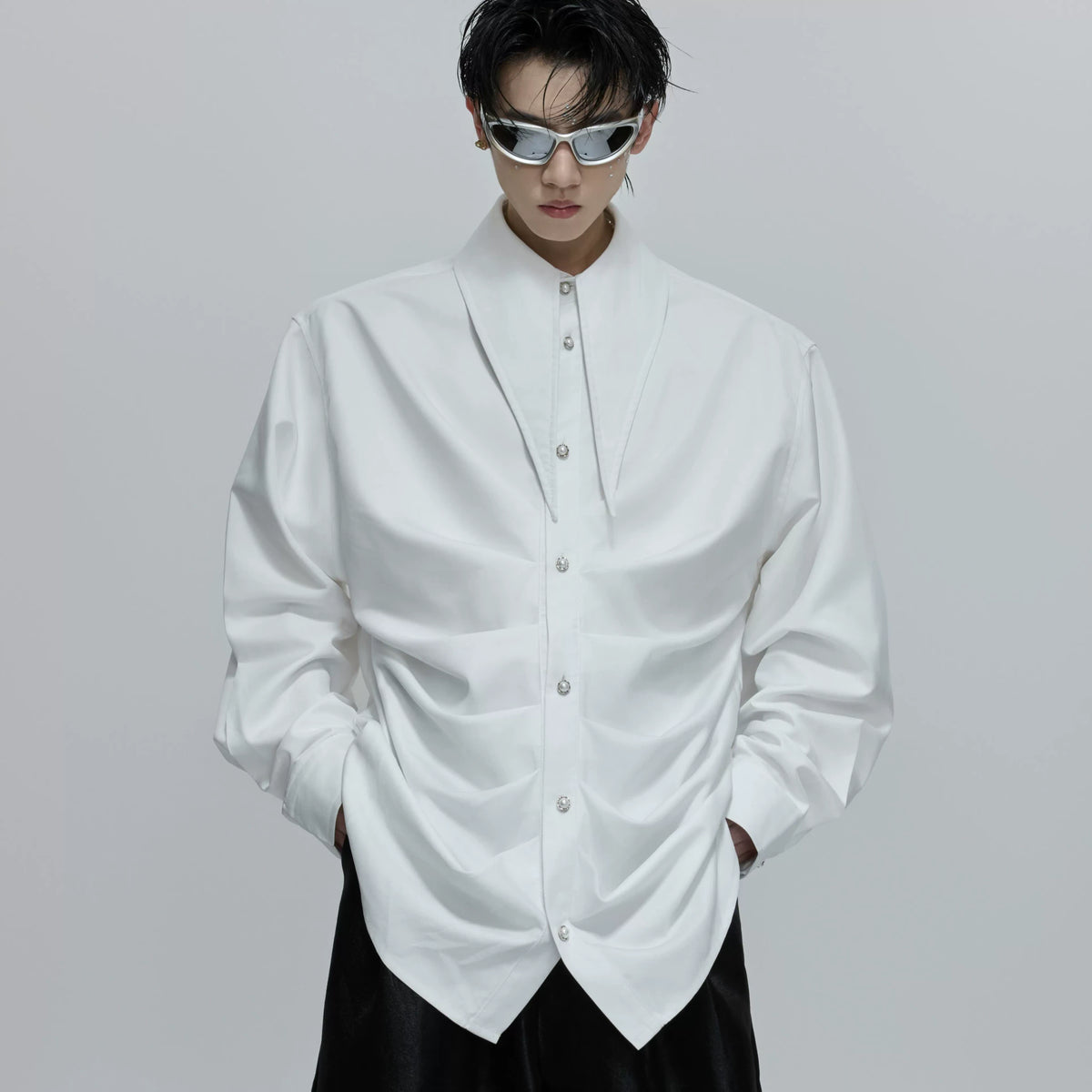 Selectable Stand-Collar Shirt | Long-Sleeve Streetwear - 0862 White