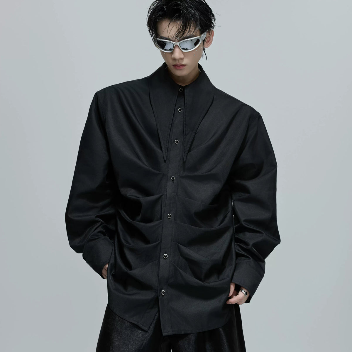 Selectable Stand-Collar Shirt | Long-Sleeve Streetwear - 0862 Black