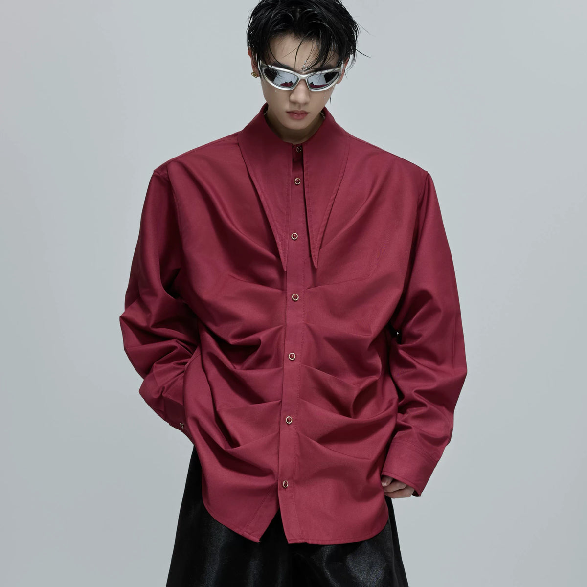 Selectable Stand-Collar Shirt | Long-Sleeve Streetwear - 0862 Red
