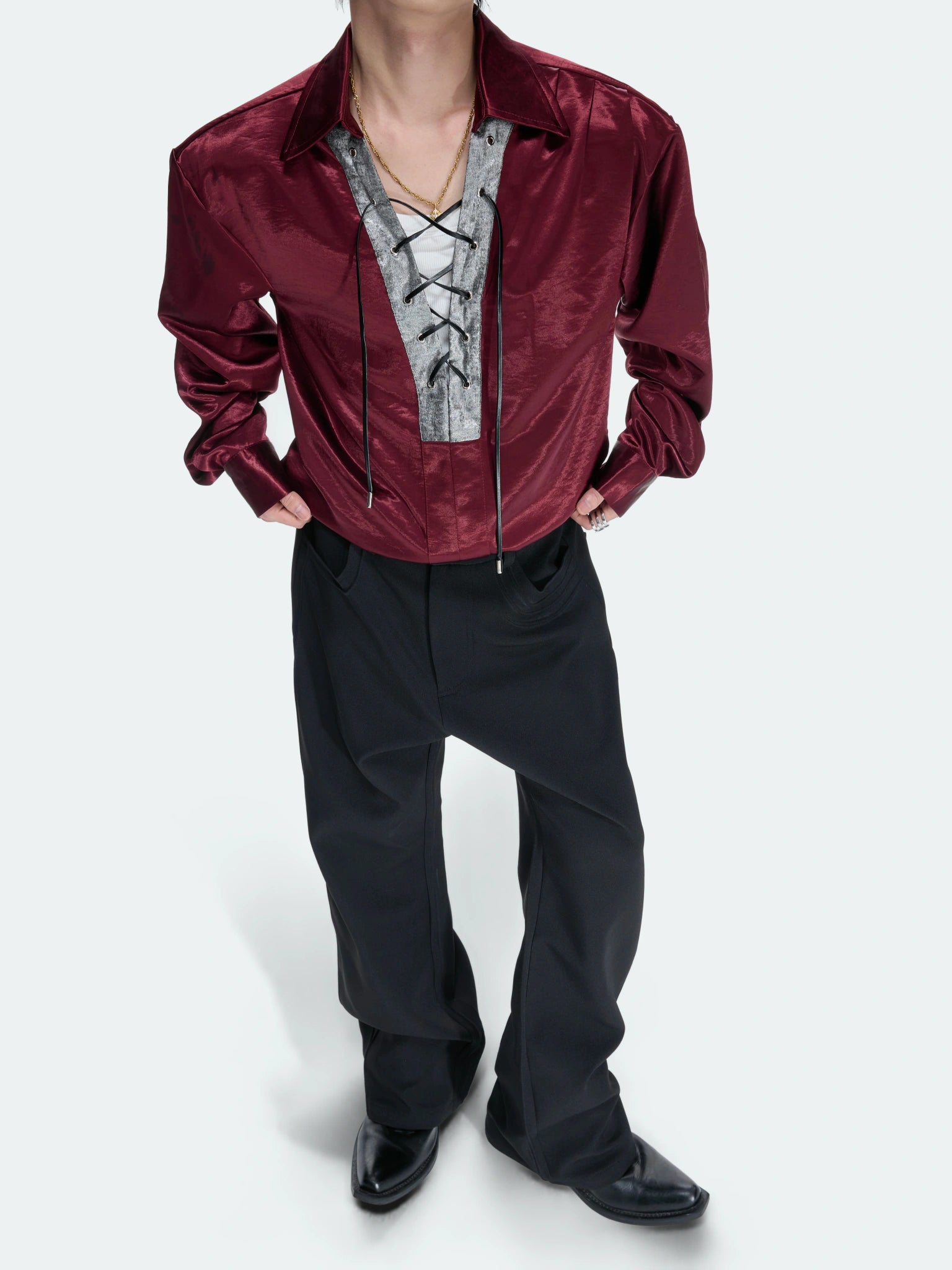 Contrast Lace-Up Satin Shirt | Relaxed Cropped Fit - main image 2