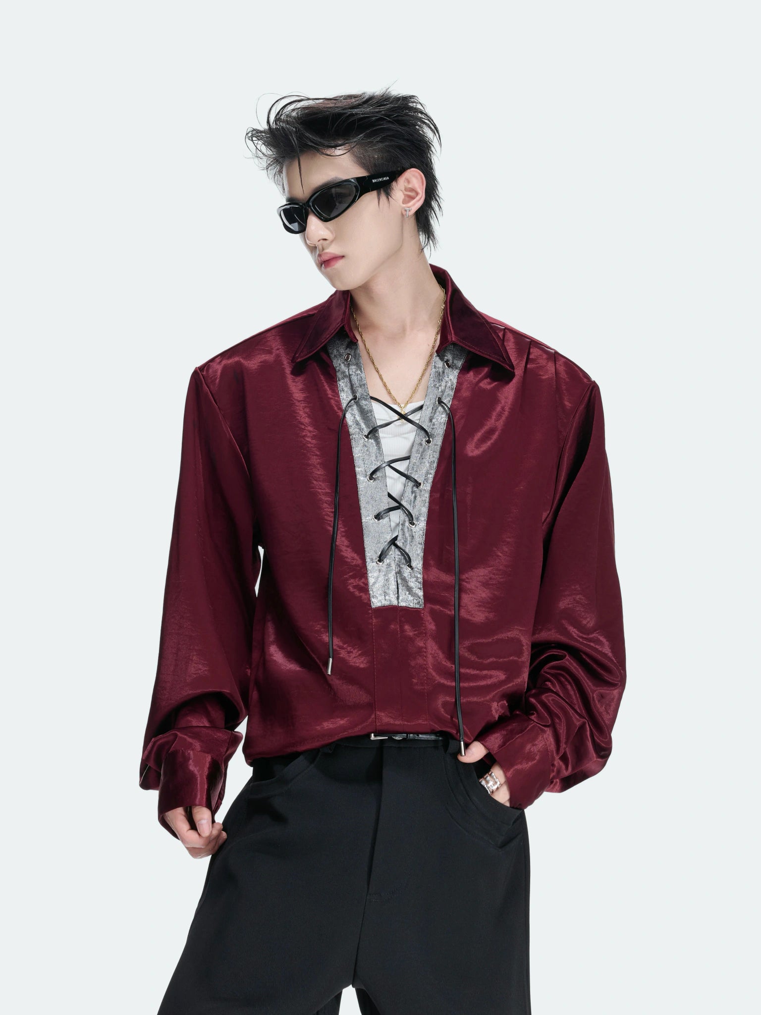 Contrast Lace-Up Satin Shirt | Relaxed Cropped Fit - main image 5