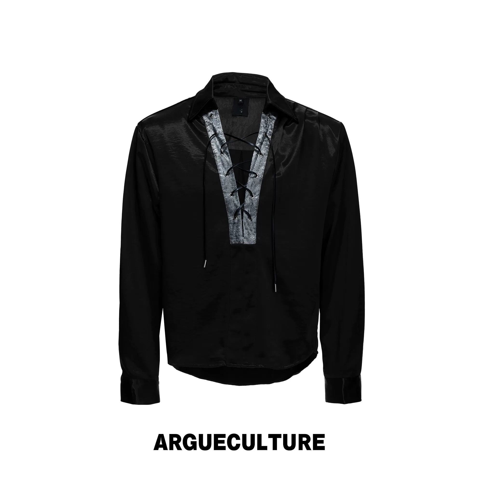 Contrast Lace-Up Satin Shirt | Relaxed Cropped Fit - Black Top
