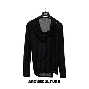 Asymmetric Draped Cowl-Neck Top | Linen-Blend Knit - Black