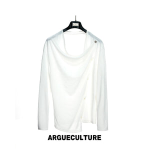 Asymmetric Draped Cowl-Neck Top | Linen-Blend Knit - White