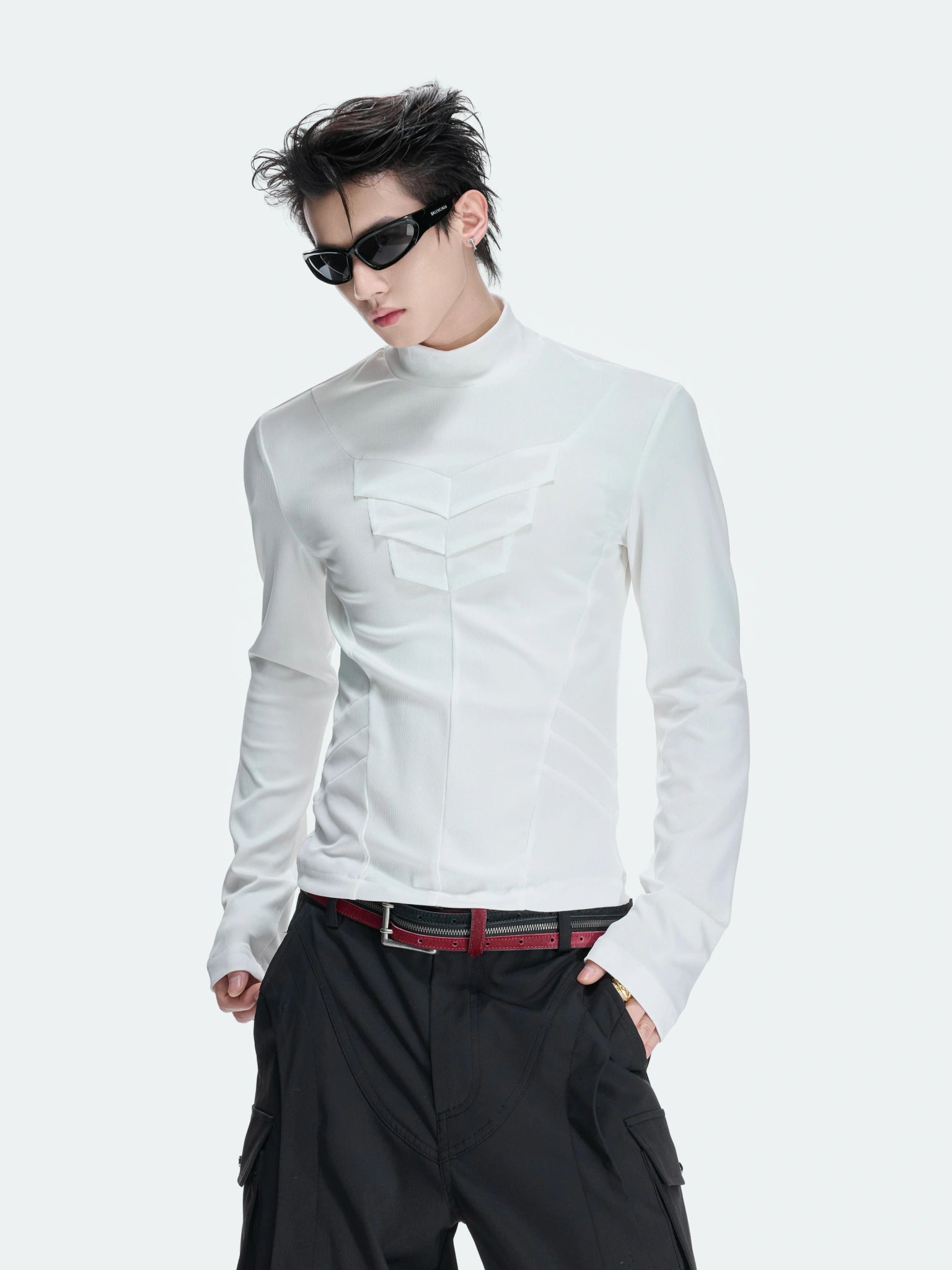 Structured Pleated Mock-Neck Fitted Long-Sleeve Top - main image 1
