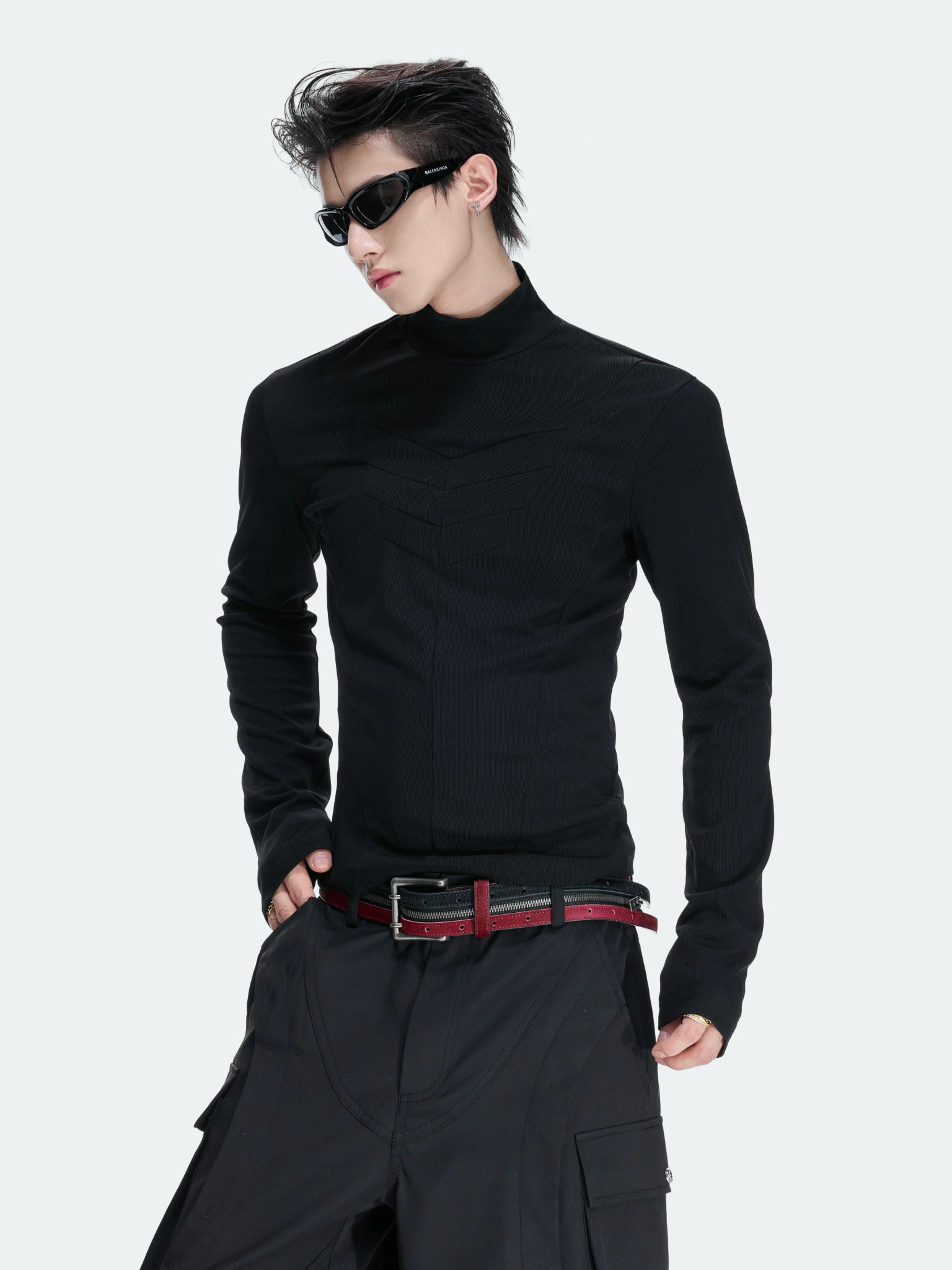Structured Pleated Mock-Neck Fitted Long-Sleeve Top - main image 3