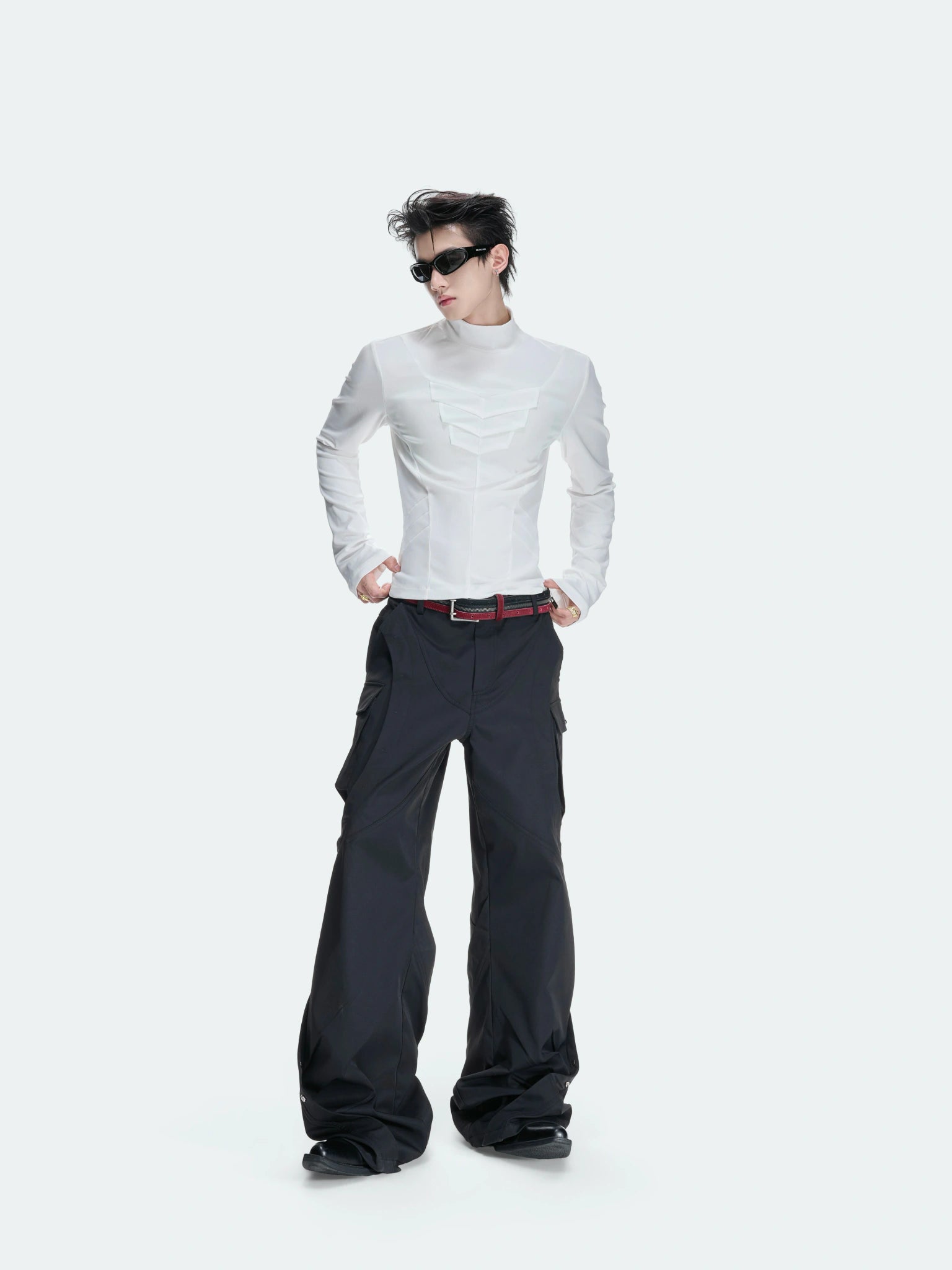 Structured Pleated Mock-Neck Fitted Long-Sleeve Top - main image 4