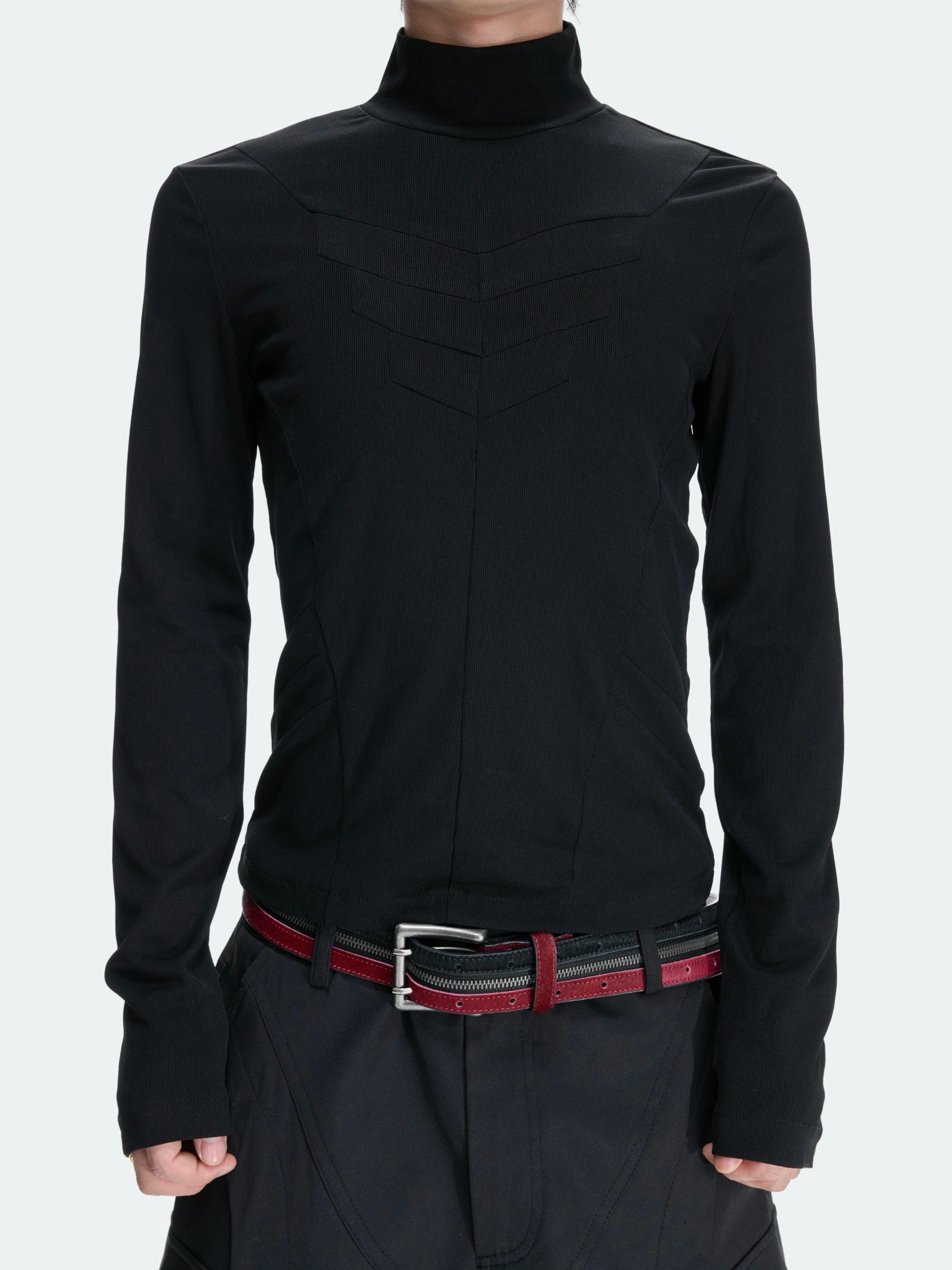 Structured Pleated Mock-Neck Fitted Long-Sleeve Top - main image 5