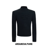 Structured Pleated Mock-Neck Fitted Long-Sleeve Top - Black