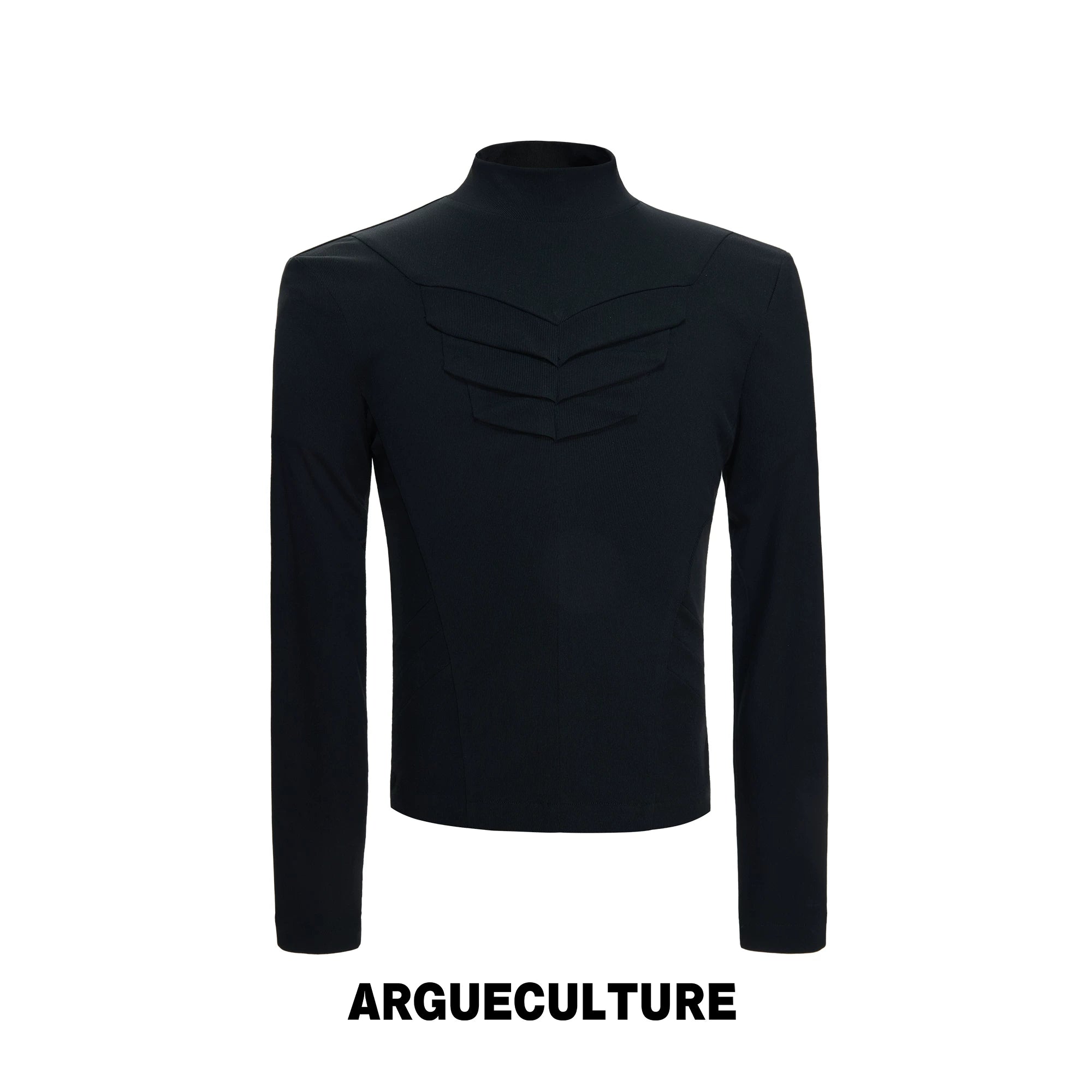 Structured Pleated Mock-Neck Fitted Long-Sleeve Top - Black