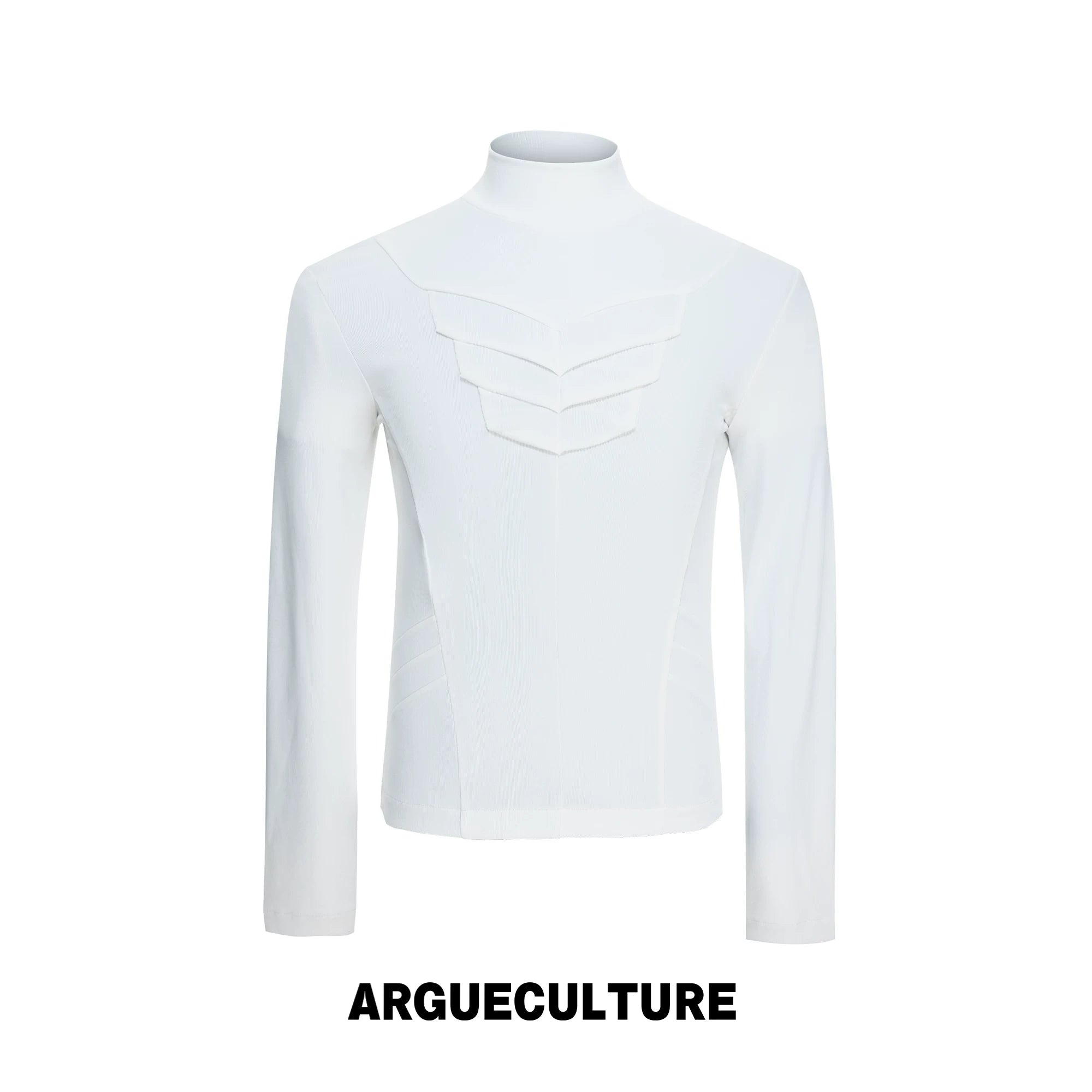 Structured Pleated Mock-Neck Fitted Long-Sleeve Top - White