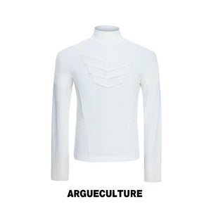 Structured Pleated Mock-Neck Fitted Long-Sleeve Top - White