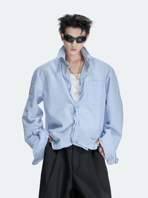 Cropped Check Seersucker Shirt with Drawcord Hem - main image 1