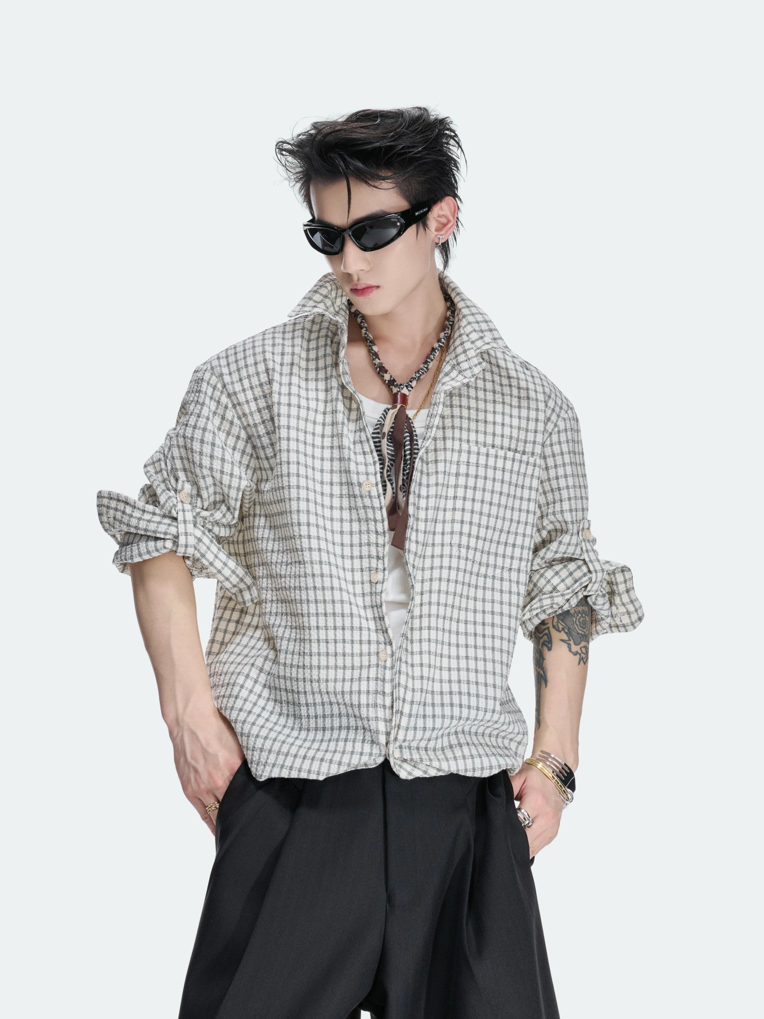 Cropped Check Seersucker Shirt with Drawcord Hem - main image 3