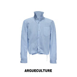Cropped Check Seersucker Shirt with Drawcord Hem - Blue