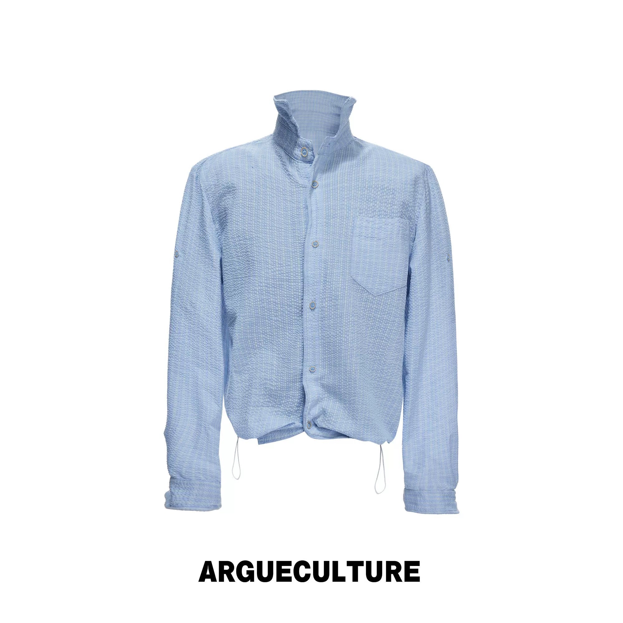 Cropped Check Seersucker Shirt with Drawcord Hem - Blue