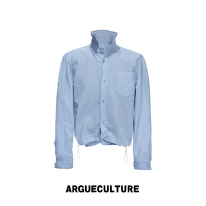 Cropped Check Seersucker Shirt with Drawcord Hem - Blue