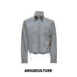 Cropped Check Seersucker Shirt with Drawcord Hem - Gray