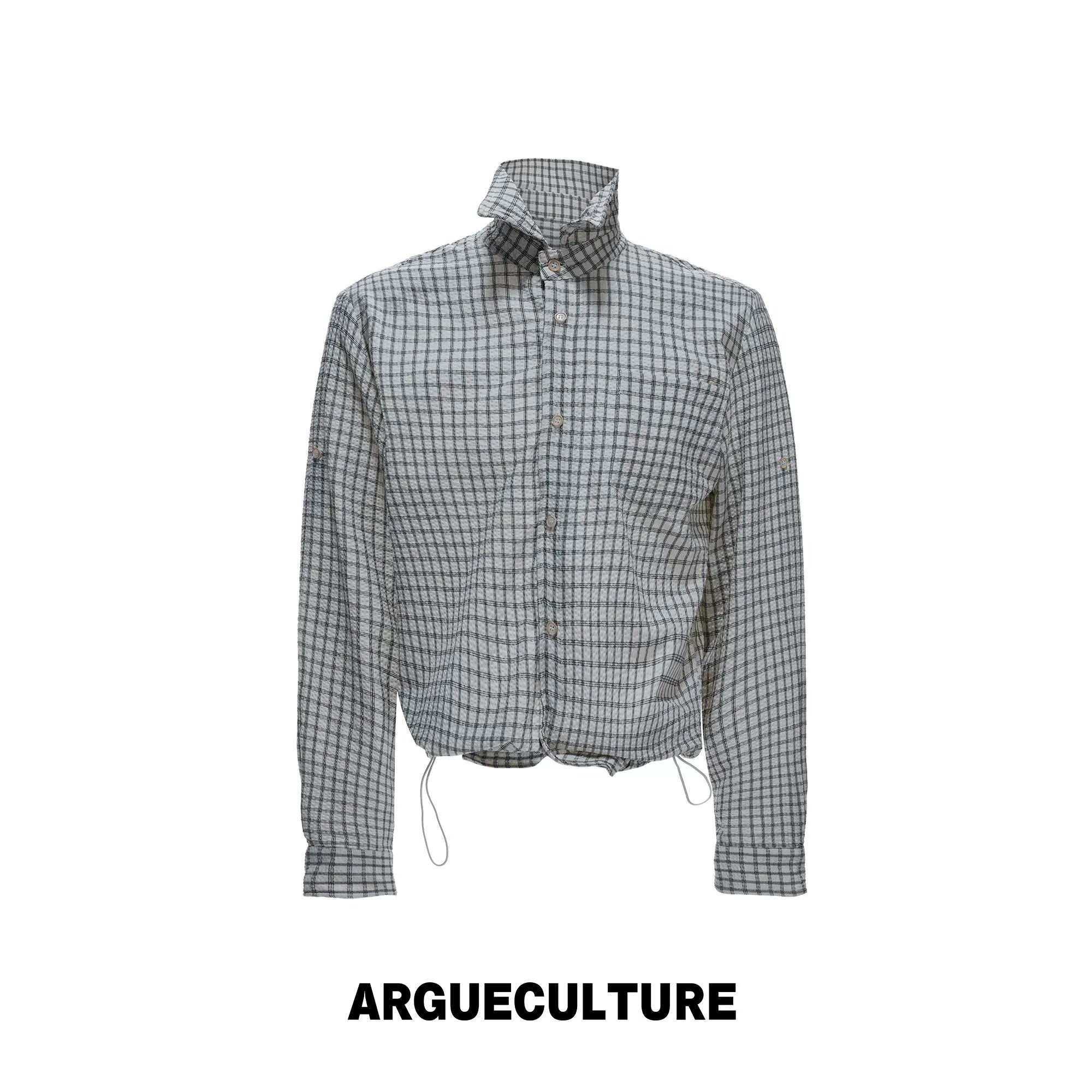 Cropped Check Seersucker Shirt with Drawcord Hem - Gray