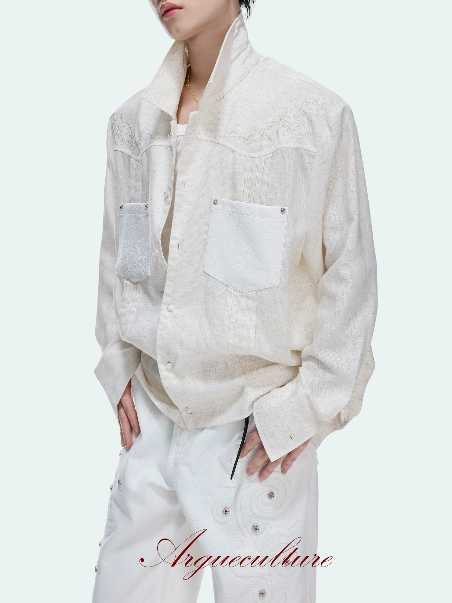 Floral Embroidered Linen Shirt Jacket | Argue - main image 1