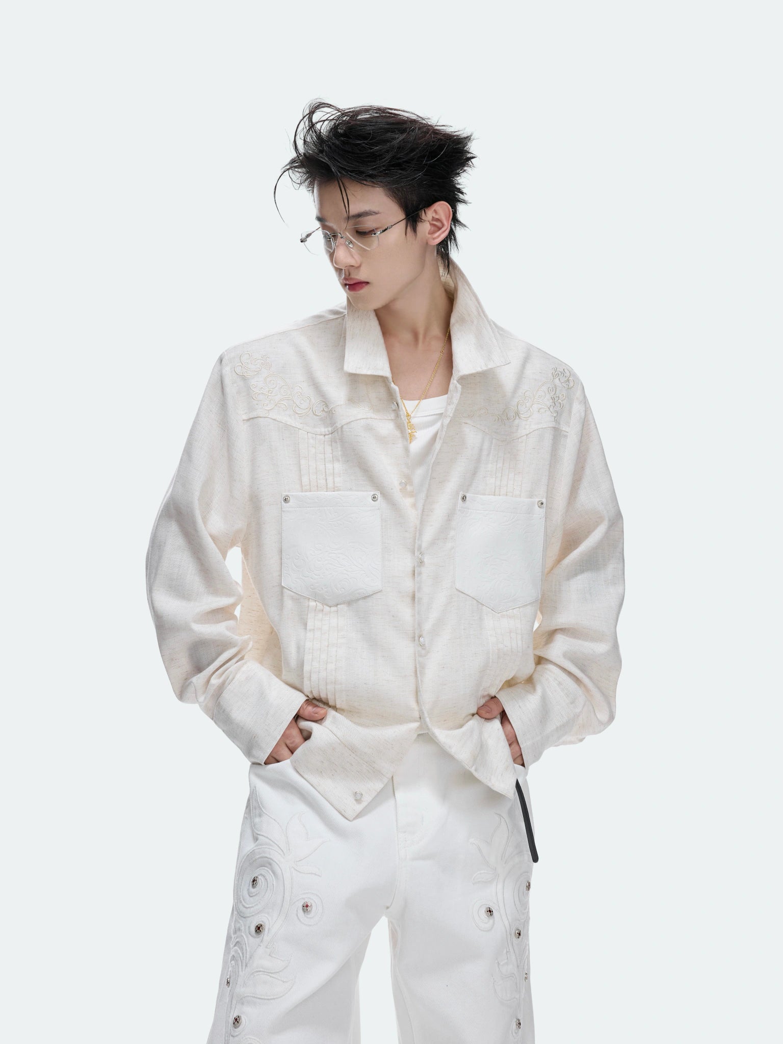 Floral Embroidered Linen Shirt Jacket | Argue - main image 4