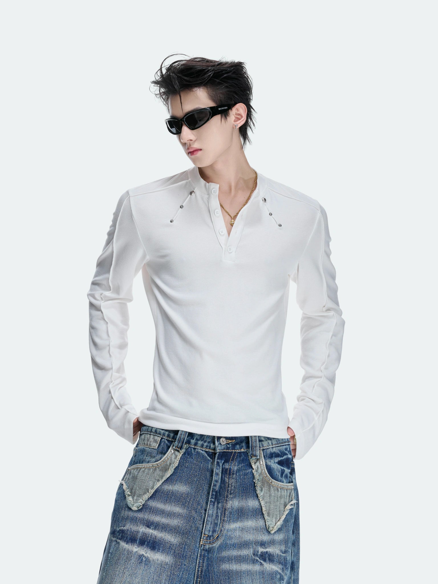 Studded Fitted Henley Long-Sleeve Top | Streetwear - main image 1