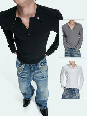 Studded Fitted Henley Long-Sleeve Top | Streetwear - main image 2