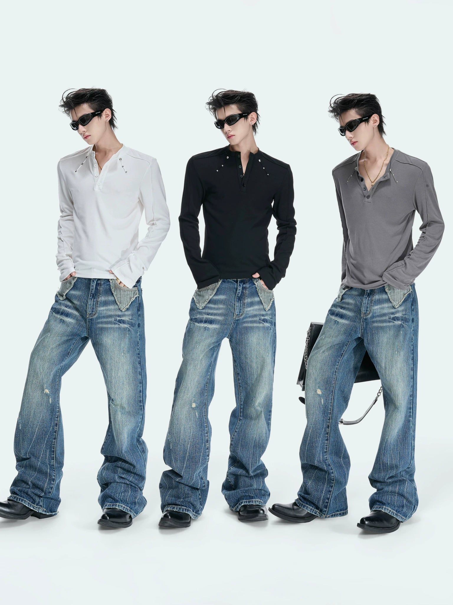 Studded Fitted Henley Long-Sleeve Top | Streetwear - main image 3