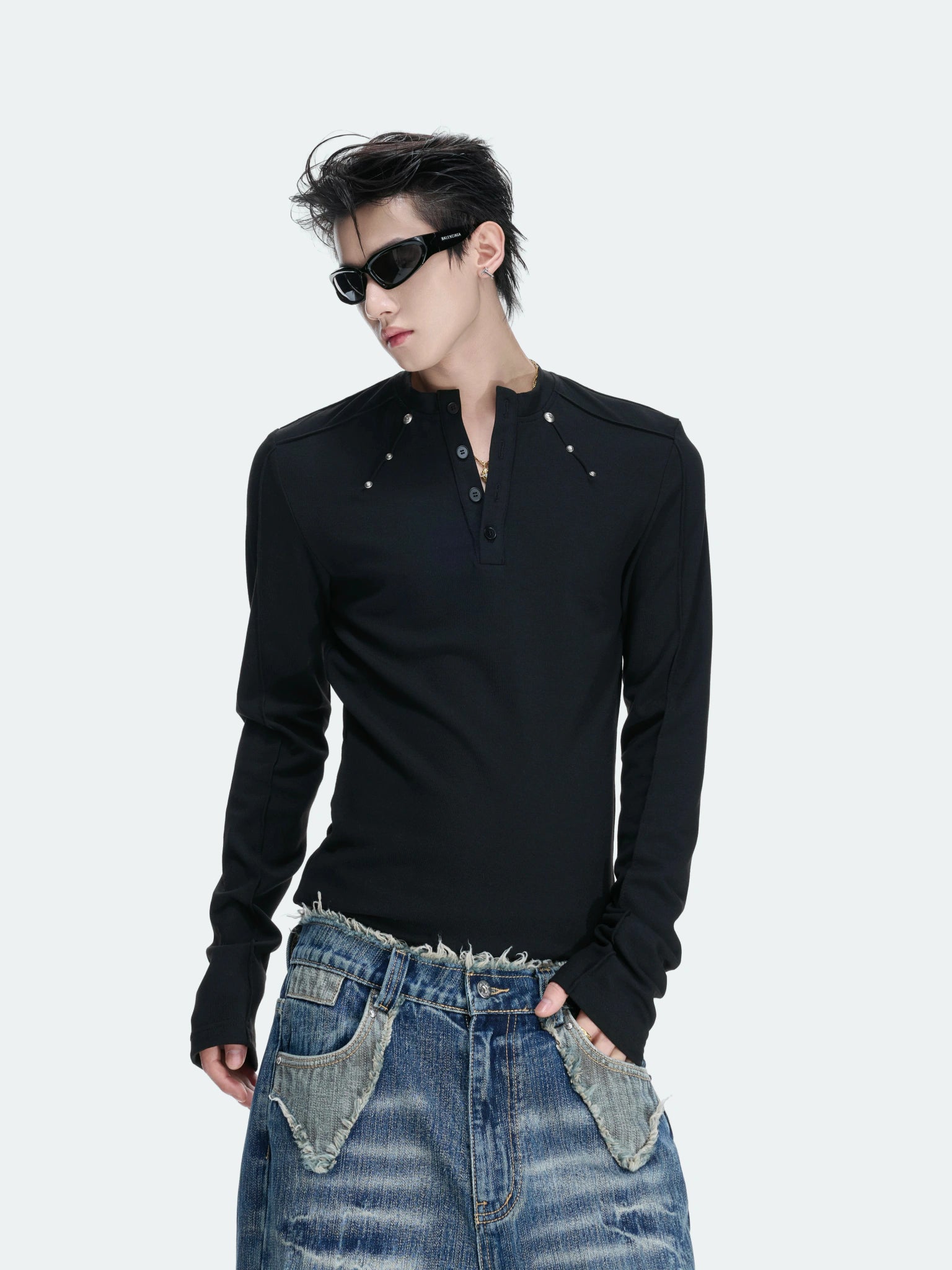 Studded Fitted Henley Long-Sleeve Top | Streetwear - main image 4