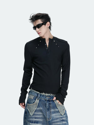 Studded Fitted Henley Long-Sleeve Top | Streetwear - main image 4