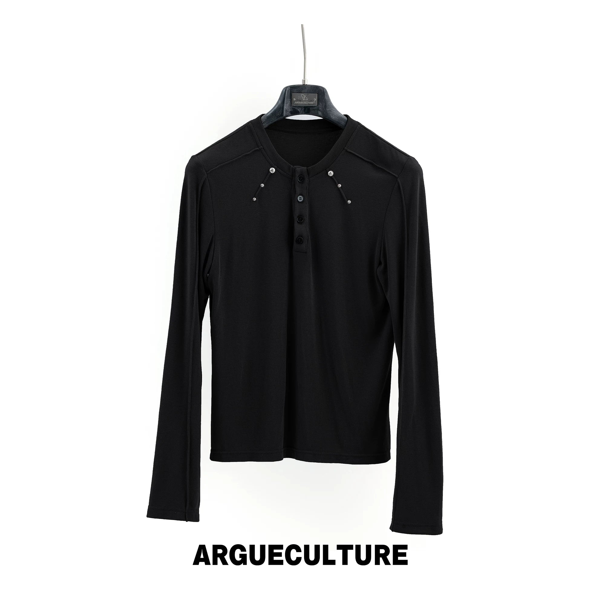 Studded Fitted Henley Long-Sleeve Top | Streetwear - Black Top - In Stock