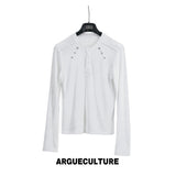 Studded Fitted Henley Long-Sleeve Top | Streetwear - White Top - In Stock